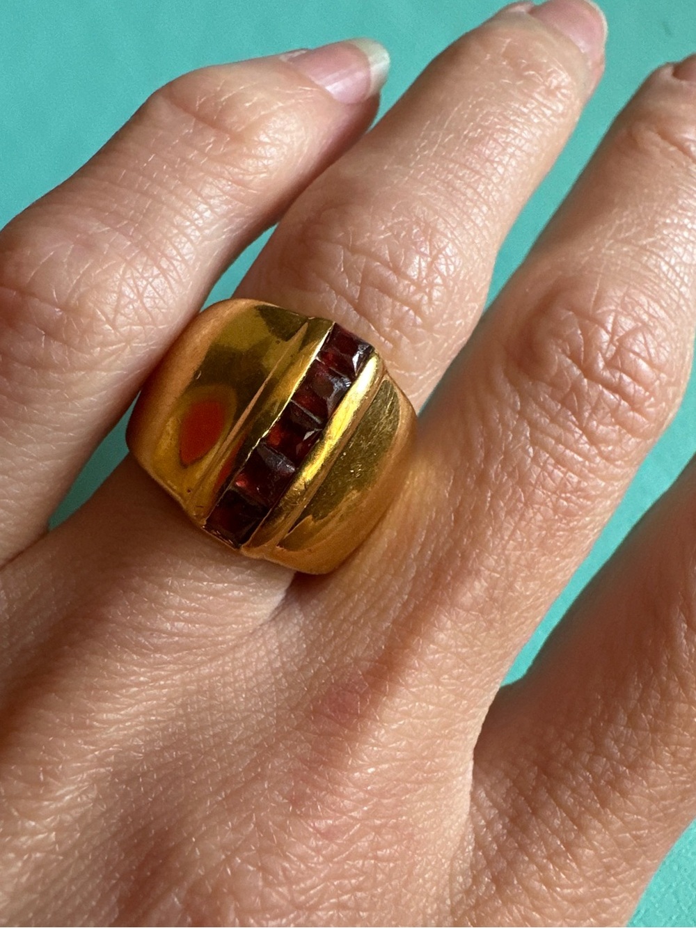 Vintage Sterling Gold Tone Red Rhinestone Inset Ring